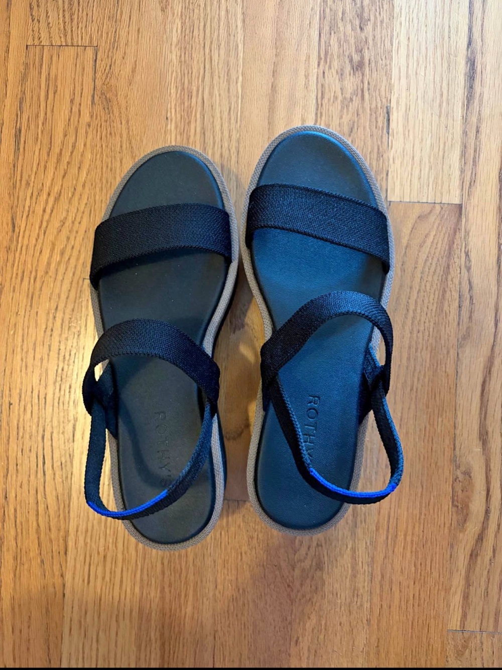 Rothy's Black Strap Sandals with Brown Sole